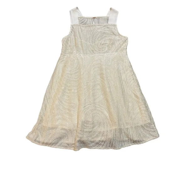 Free‎ People SZ Medium Mini Sleeveless Dress Beige White Swirly Lined Bohemian - Picture 1 of 8